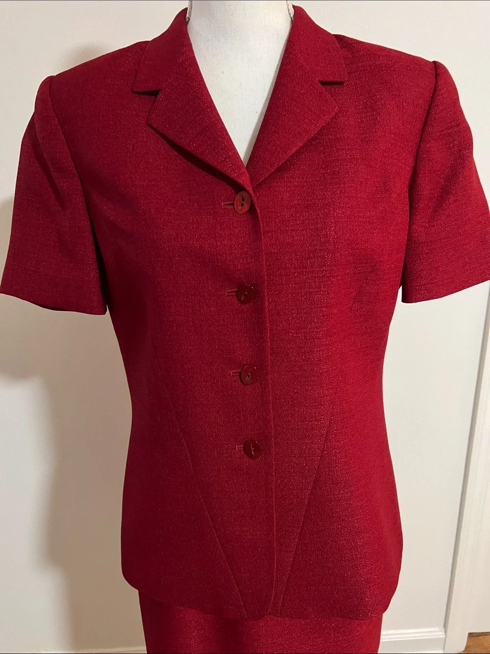 Le Suit Vintage Deep Red Two-Piece Short Sleeve Pencil Skirt Suit Set
